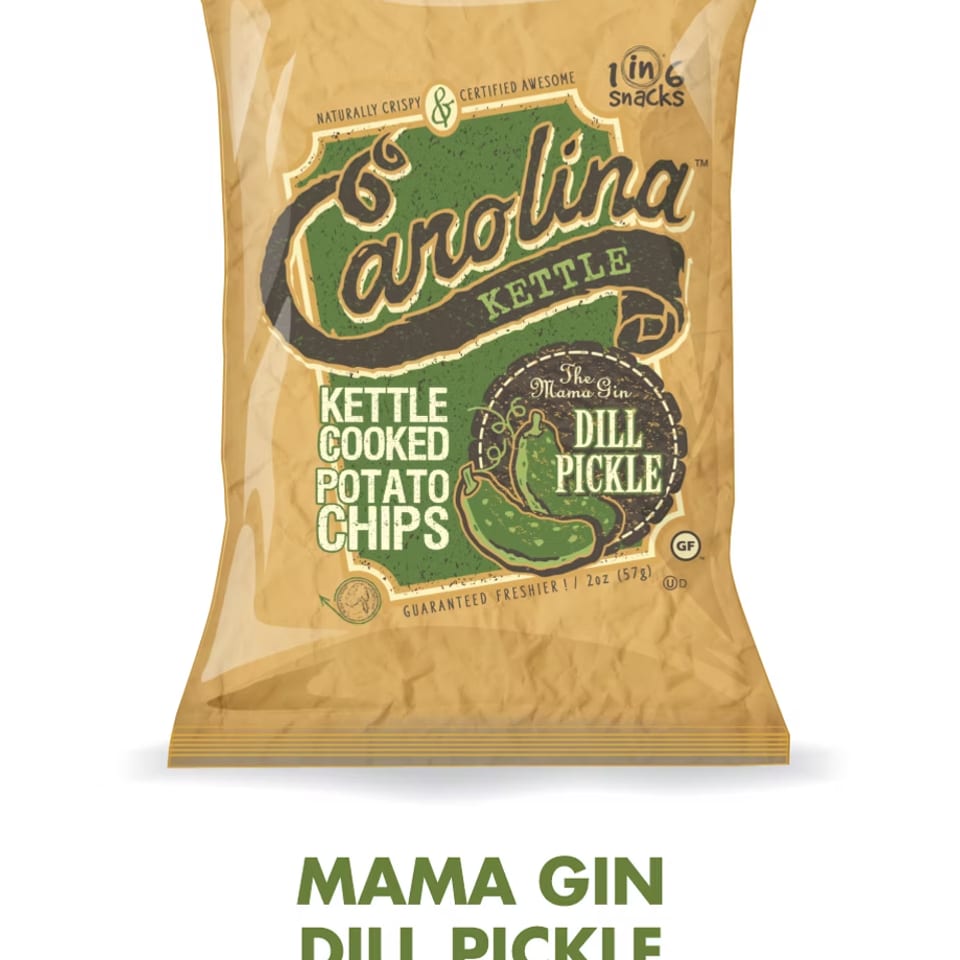 A bag of Carolina Kettle Mama Gin Dill Pickle potato chips on a white background.