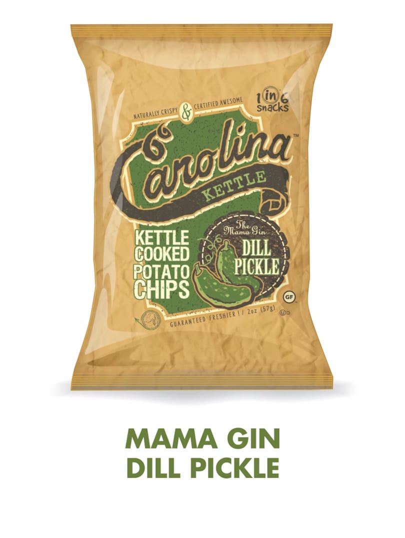 A bag of Carolina Kettle Mama Gin Dill Pickle potato chips on a white background.