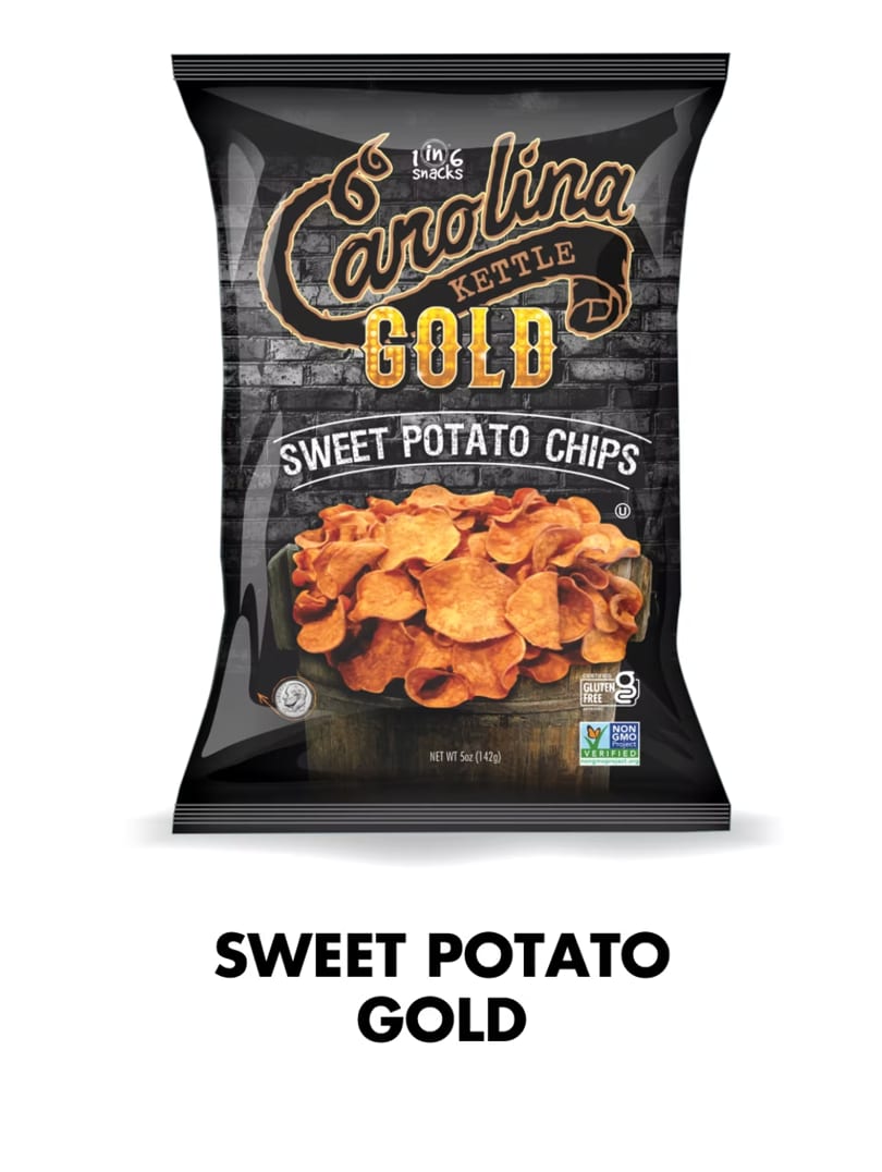 A black bag of Carolina Kettle Gold Sweet Potato Chips with a bowl of chips on the front.