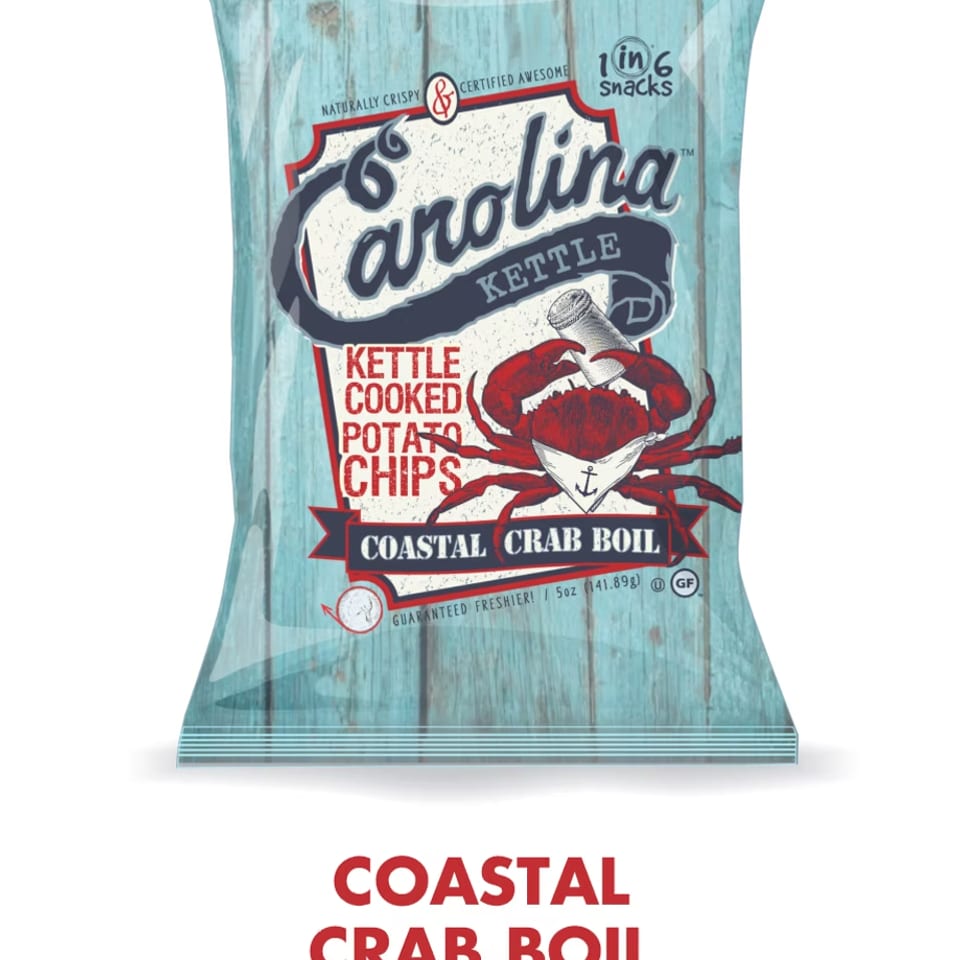 Carolina Kettle Coastal Crab Boil potato chip bag with a red crab design.
