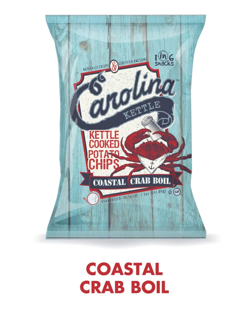 Carolina Kettle Coastal Crab Boil potato chip bag with a red crab design.
