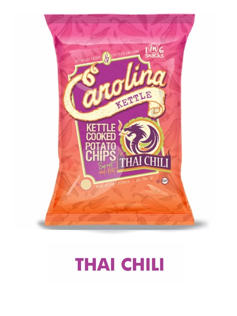 Carolina Kettle Thai Chili potato chips bag, pink and orange with a dragon logo.