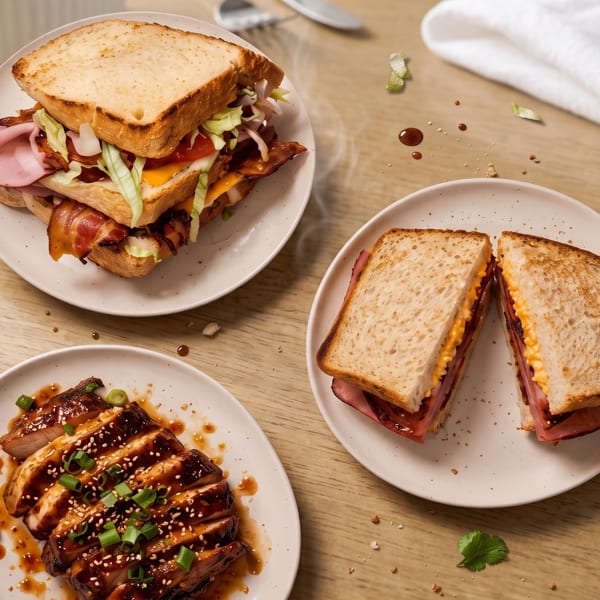 Three plates of food on a wooden table: two sandwiches and a sliced chicken dish.