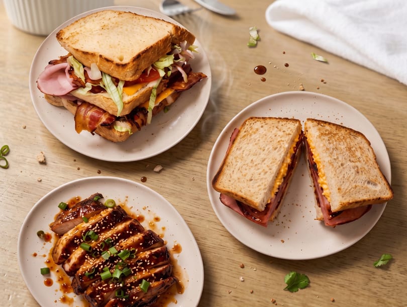 Three plates of food on a wooden table: two sandwiches and a sliced chicken dish.