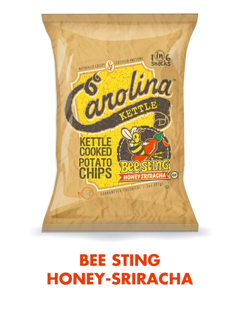A bag of Carolina Kettle Bee Sting Honey Sriracha potato chips.