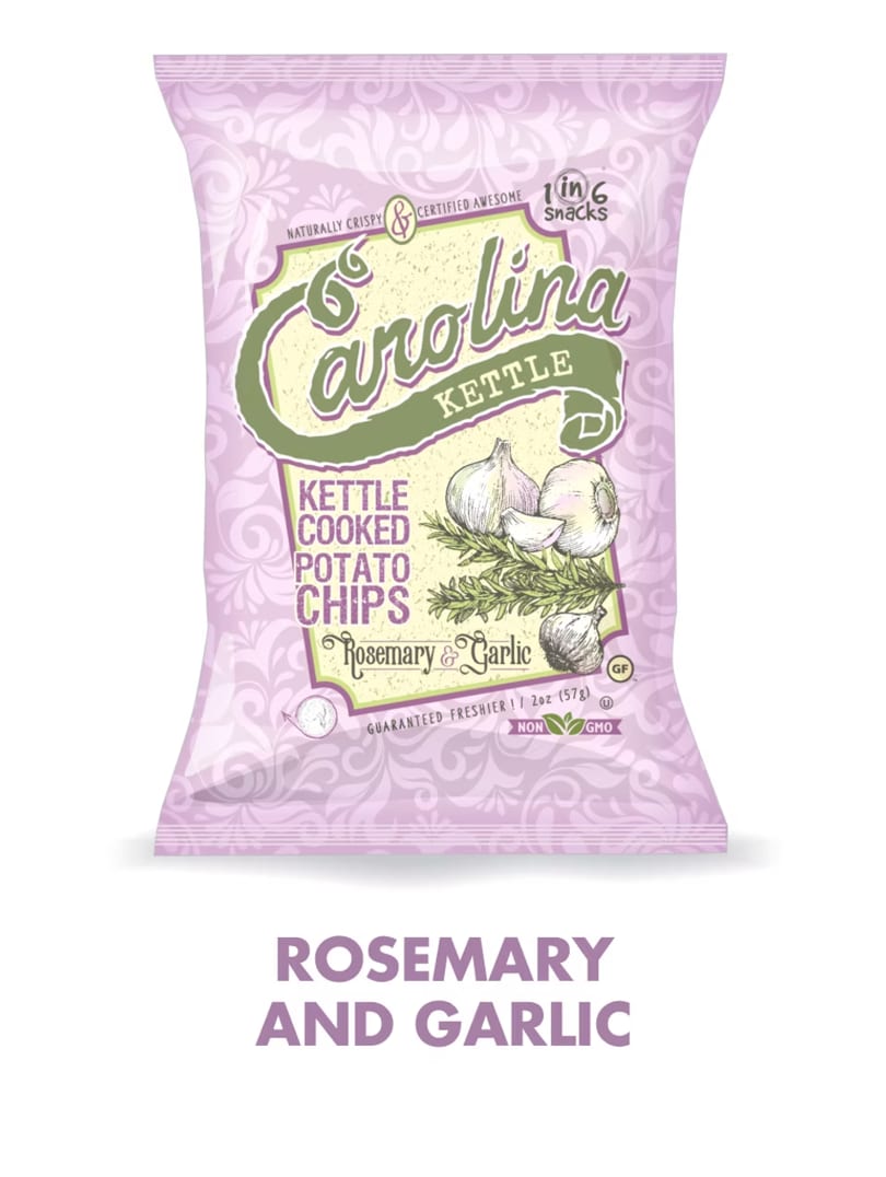 A bag of Carolina Kettle Rosemary & Garlic potato chips with garlic and rosemary illustrations.