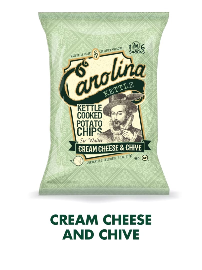 A bag of Carolina Kettle Cream Cheese & Chive potato chips featuring Sir Walter Raleigh.