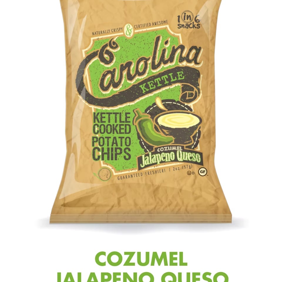 Carolina Kettle Cozumel Jalapeno Queso potato chips bag with green and brown label.