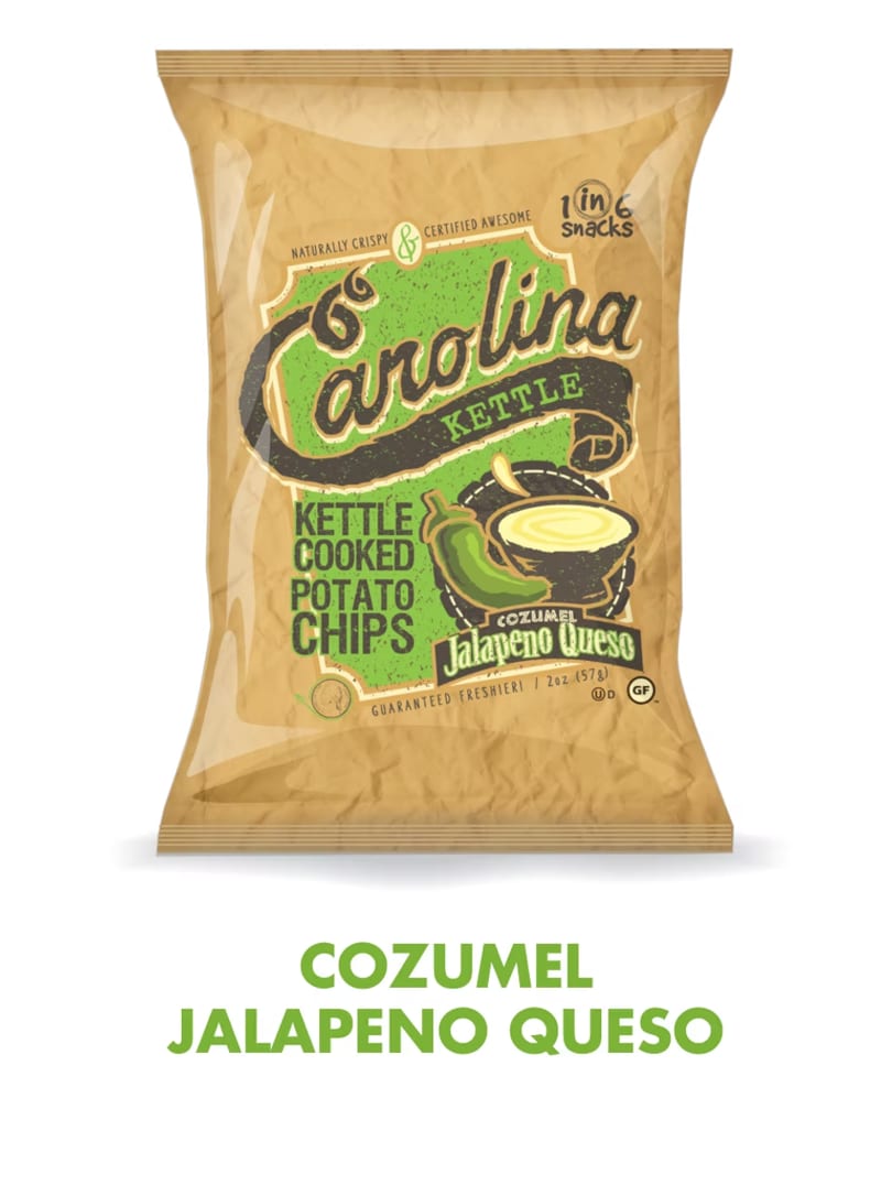 Carolina Kettle Cozumel Jalapeno Queso potato chips bag with green and brown label.