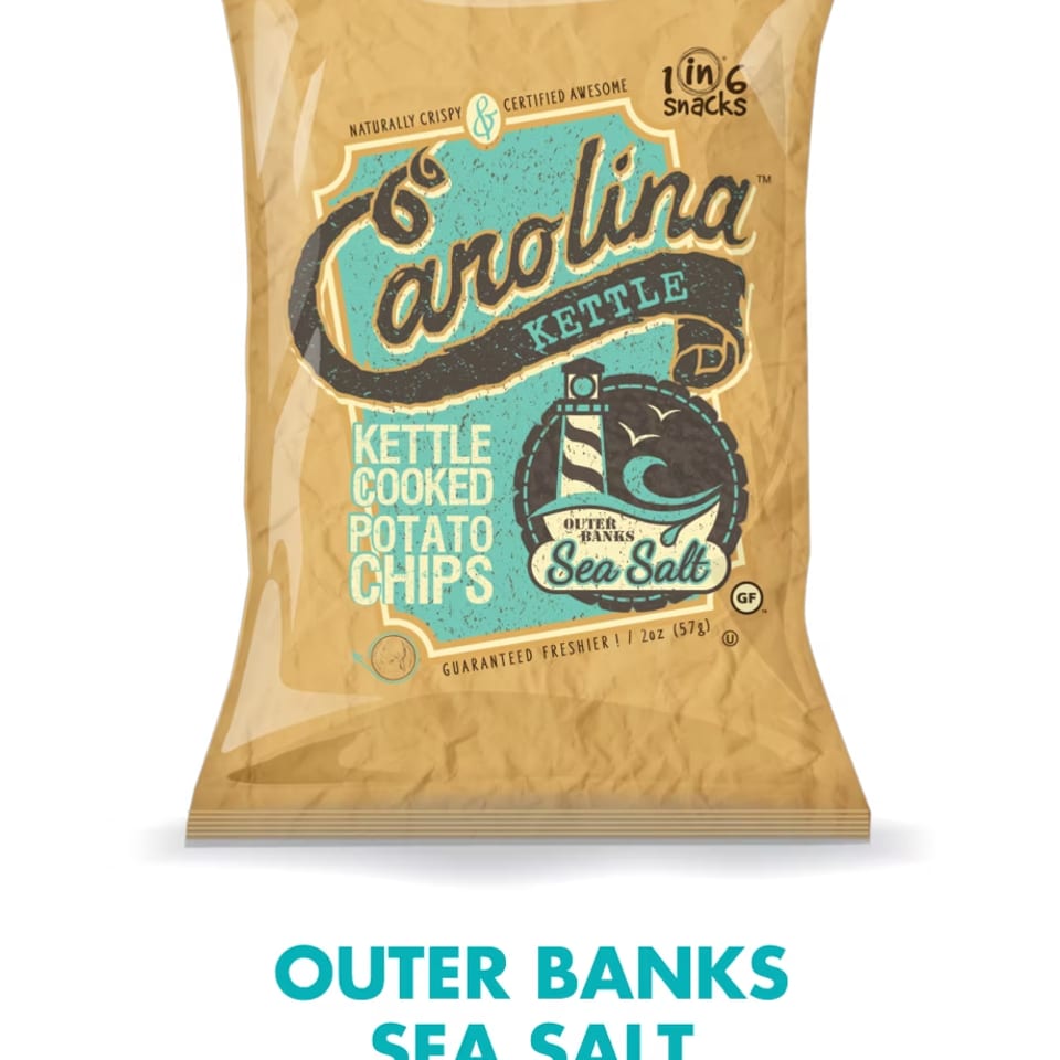 A bag of Carolina Kettle Outer Banks Sea Salt kettle-cooked potato chips.