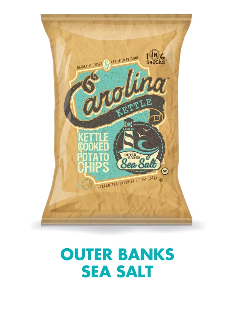 A bag of Carolina Kettle Outer Banks Sea Salt kettle-cooked potato chips.