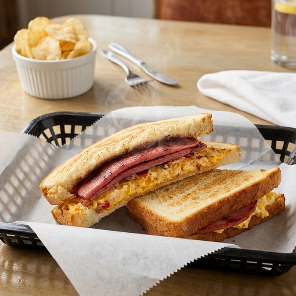 Grilled cheese sandwich with bacon served in a black basket.