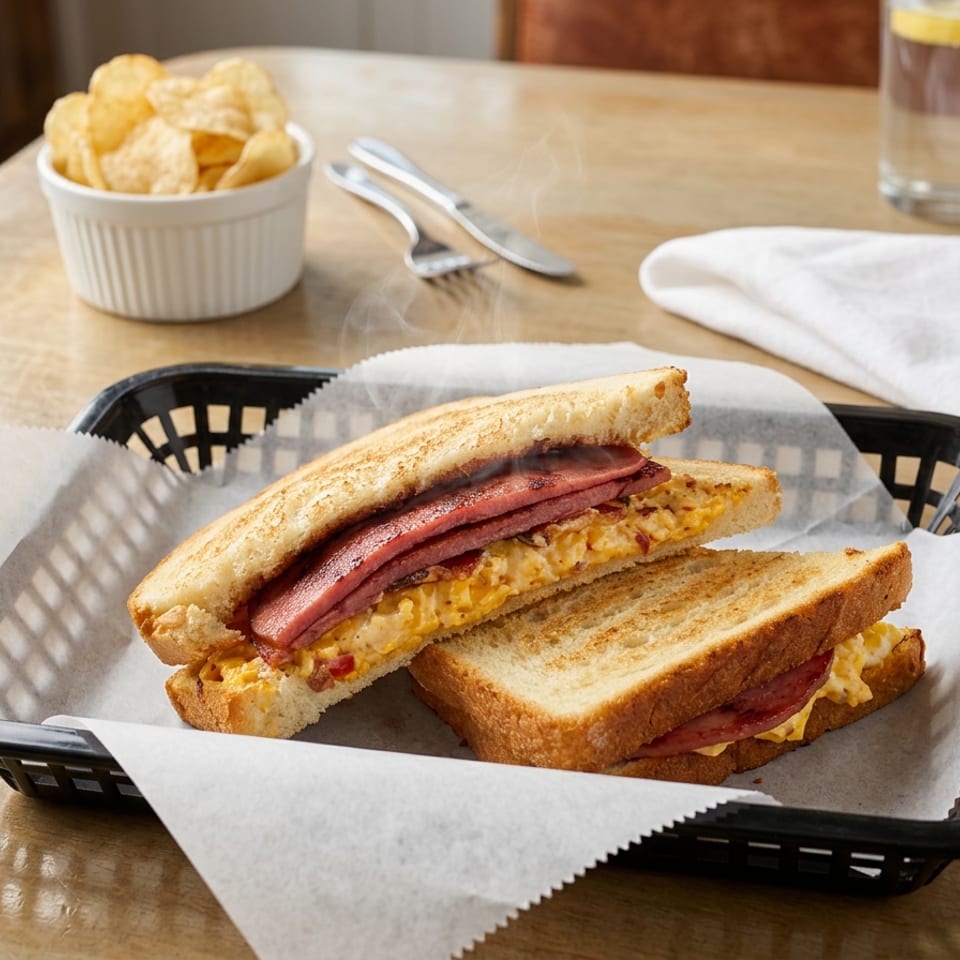 Grilled cheese sandwich with bacon served in a black basket.